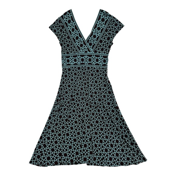 Maggy London Dark Brown & Aqua Print V-neck Midi Dress - Picture 5 of 5